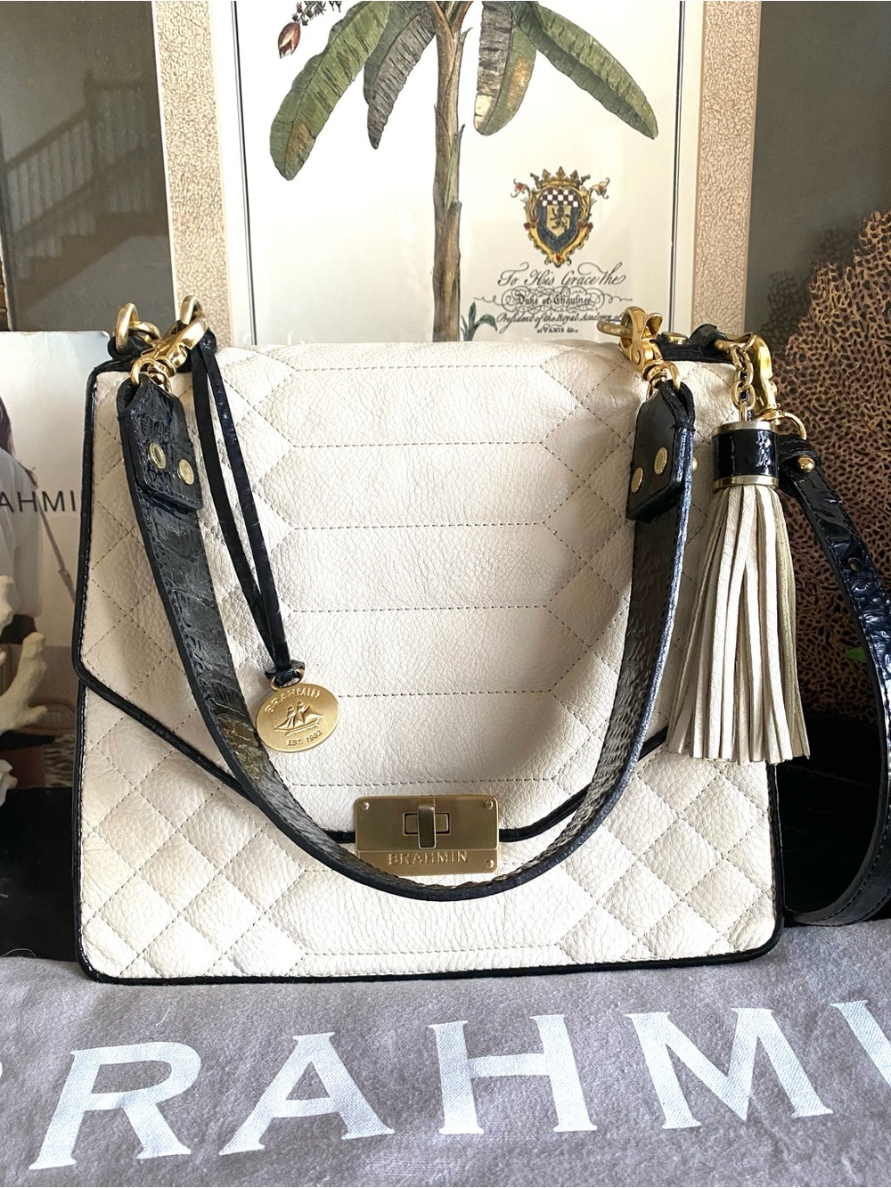 ▪️AMAZING CREME FLORENTINE OPHELIA BRAHMIN QUILTED LEATHER SATCHEL▪️ - Picture 14 of 15